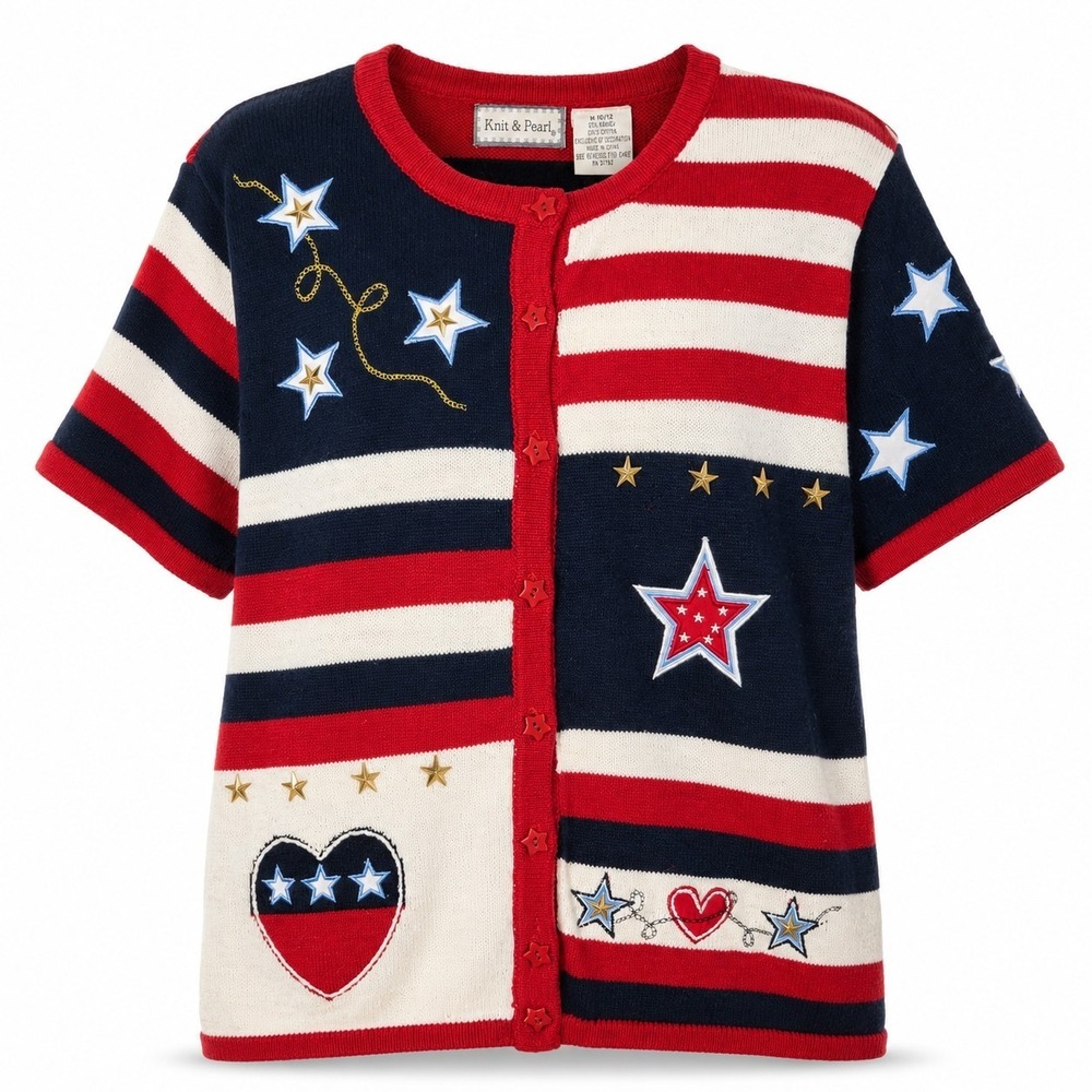Knit &‎ Pearl Womens 10/12 Patriotic Stars Stripes Short Sleeve Cardigan Sweater